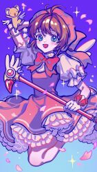 Rule 34 | 1girl, blue eyes, bow, cardcaptor sakura, child, gloves, haru4aki, highres, holding, holding wand, kero (cardcaptor sakura), kinomoto sakura, magical girl, open mouth, pink headwear, red bow, solo, wand, white gloves, wings