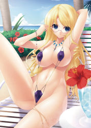 Rule 34 | 1girl, armpits, beach, blonde hair, blue eyes, breasts, chair, covered erect nipples, day, drink, flower, glasses, hibiscus, highres, jewelry, large breasts, leg up, legs, long hair, looking at viewer, lounge chair, lying, nakano sora, navel, necklace, shiny skin, skindentation, slingshot swimsuit, solo, strap gap, swimsuit, thighs