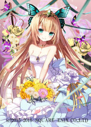 Rule 34 | 1girl, bad id, bad pixiv id, bare arms, bare shoulders, blonde hair, blunt bangs, blush, bouquet, bug, butterfly, butterfly hair ornament, closed mouth, diadem, dress, flower, gem, green eyes, hair ornament, happy, head tilt, holding, holding bouquet, insect, jewelry, kaku-san-sei million arthur, kneeling, long hair, looking at viewer, million arthur (series), necklace, official art, rose, smile, solo, sword, very long hair, watermark, weapon, wedding dress, yellow flower, yellow rose, yuuki kira