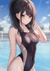 Rule 34 | 1girl, bare arms, bare shoulders, black hair, black one-piece swimsuit, blue eyes, blurry, blurry background, breasts, competition swimsuit, day, depth of field, hair between eyes, hand up, highleg, highleg swimsuit, highres, idolmaster, idolmaster shiny colors, kazano hiori, long hair, looking at viewer, marinesnow, medium breasts, mole, mole under mouth, non-web source, one-piece swimsuit, outdoors, ponytail, sidelocks, smile, solo, sunlight, swimsuit, thighs, upper body, wet, wet clothes, wet swimsuit