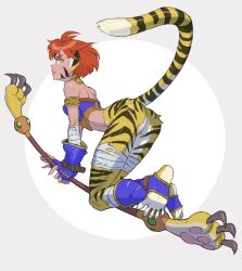 Rule 34 | 1girl, animal ears, ass, breath of fire, breath of fire ii, bustier, cat ears, cat tail, closed mouth, cloud, facial mark, feet, full body, green eyes, highres, lips, looking at viewer, orange hair, pointy ears, rinpoo chuan, short hair, smile, solo, staff, tail, urasato