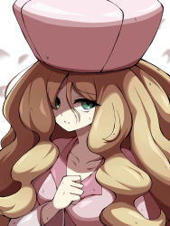 Rule 34 | 1girl, absurdres, blonde hair, blurry, caitlin (pokemon), clenched hand, collarbone, commentary request, creatures (company), dress, eyelashes, game freak, green eyes, hair between eyes, hand up, hat, highres, long hair, nintendo, parted lips, pink dress, pink hat, pokemon, pokemon bw, raised eyebrows, shabana may, solo, upper body