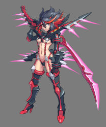 Rule 34 | 1girl, absurdres, adapted costume, black hair, boots, borrowed design, breasts, commentary, energy sword, english commentary, full body, grey background, hairpods, high heel boots, high heels, highres, huge weapon, kill la kill, living clothes, matoi ryuuko, medium breasts, microskirt, multicolored hair, navel, nonneim, pleated skirt, red hair, revealing clothes, scissor blade (kill la kill), senketsu, serious, short hair, skirt, solo, suspenders, sword, sword behind back, symbol-shaped pupils, thigh boots, thighhighs, two-tone hair, underboob, weapon