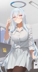 Rule 34 | 1girl, absurdres, bespectacled, black pantyhose, blue archive, blush, closed mouth, collared shirt, cowboy shot, glasses, grey hair, halo, highres, long hair, long sleeves, looking at viewer, mechanical halo, mm (mhm2592), noa (blue archive), pantyhose, pleated skirt, purple eyes, shirt, skirt, smile, solo, white shirt, white skirt