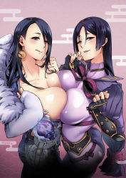 Rule 34 | 2girls, arm guards, armor, ass, black gloves, black hair, blue eyes, blush, bodysuit, breast press, breasts, butt crack, cleavage, collarbone, earrings, elbow gloves, fate/grand order, fate (series), fingerless gloves, fur trim, gloves, japanese armor, japanese clothes, jewelry, kaguya (sinoalice), kimono, kote, large breasts, licking lips, long hair, looking at viewer, low-tied long hair, mibry (phrysm), minamoto no raikou (fate), multiple girls, parted bangs, purple bodysuit, purple eyes, purple hair, ribbed sleeves, rope, sinoalice, skull, smile, symmetrical docking, tongue, tongue out, very long hair, white kimono, wide sleeves