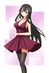 Rule 34 | 10s, 1girl, black hair, black thighhighs, breasts, buddy complex, cat hair ornament, cleavage, hair ornament, highres, long hair, looking at viewer, northman, purple eyes, smile, solo, thighhighs, yumihara hina