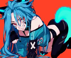 Rule 34 | 1girl, absurdres, all fours, animal ears, bare shoulders, black pants, blue hair, blue shirt, cat ears, claw pose, fake animal ears, hair ornament, highres, long hair, long sleeves, looking at another, orange eyes, original, pants, red background, shirt, sidelocks, simple background, sleeves past fingers, sleeves past wrists, smile, solo, sunrise, tail, urkt 10