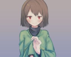 Rule 34 | androgynous, bad id, bad pixiv id, blush, brown hair, chara (undertale), closed mouth, commentary request, gender request, jewelry, looking at viewer, necklace, oshiruko (tsume), red eyes, shirt, shirt tug, short hair, simple background, smile, solo, striped clothes, striped shirt, striped sweater, sweater, undertale