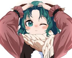 Rule 34 | 1girl, adjusting hair, arms up, blush, doroame (ameyu), green eyes, green hair, highres, kasodani kyouko, long sleeves, looking at viewer, one eye closed, pom pom (clothes), simple background, solo, touhou, upper body, white background