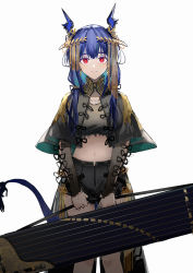 Rule 34 | 1girl, alternate costume, arknights, black capelet, blue hair, capelet, ch&#039;en (arknights), crop top, dragon horns, dragon tail, feet out of frame, grey shirt, highres, holding, horns, long hair, looking at viewer, midriff, navel, red eyes, shirt, simple background, smile, solo, standing, stomach, tail, white background, yuuki mix