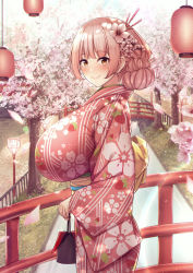Rule 34 | 1girl, amano roze, breasts, brown eyes, cherry blossoms, flower, from side, hair flower, hair ornament, hair stick, highres, huge breasts, japanese clothes, kannko bokujou, kimono, long hair, looking at viewer, original, outdoors, petals, pink hair, pink kimono, sash, smile, solo, standing, yellow sash