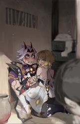 Rule 34 | 1girl, 2boys, arataki itto, blonde hair, blurry, blurry foreground, bodypaint, breasts, caught, clenched teeth, commentary request, detached sleeves, dress, facepaint, genshin impact, head tilt, hetero, highres, horns, japanese clothes, long hair, lumine (genshin impact), multiple boys, oni horns, open mouth, orange eyes, saliva, short hair with long locks, sitting, sitting on lap, sitting on person, spikes, surprised, sweat, teeth, thick eyebrows, vision (genshin impact), walk-in, white dress, white hair, yellow eyes, yyyyy kikiki