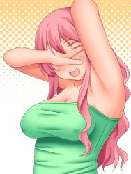 Rule 34 | 1girl, arm up, armpits, bad id, bad pixiv id, bare arms, bare shoulders, blush, breasts, cleavage, covering privates, covering own eyes, female focus, green strapless, long hair, neri sachiko, open mouth, original, pink hair, round teeth, sidelocks, smile, solo, strapless, teeth, wavy hair
