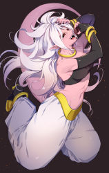 Rule 34 | 1girl, android 21, bad id, bad pixiv id, bare shoulders, black footwear, black gloves, black nails, black sclera, bracelet, breasts, colored sclera, colored skin, curly hair, dark background, dragon ball, dragon ball fighterz, elbow gloves, evil grin, evil smile, eyelashes, fingerless gloves, fingernails, floating hair, full body, gloves, grin, hands on own face, harem pants, jewelry, libeuo (liveolivel), light particles, long hair, majin android 21, medium breasts, midriff, nail polish, navel, necklace, open mouth, pants, pointy ears, red eyes, sharp teeth, simple background, smile, solo, strapless, teeth, tongue, tube top, white hair, white pants