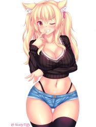 Rule 34 | 1girl, animal ear fluff, animal ears, black panties, black thighhighs, blonde hair, blush, breasts, cat ears, cleavage, commentary, crop top, denim, denim shorts, english commentary, finger to mouth, gluteal fold, highleg, highleg panties, highres, large breasts, long hair, looking at viewer, nottytiffy, original, panties, red eyes, short shorts, shorts, simple background, slit pupils, smile, solo, standing, teeth, thighhighs, tiffy (nottytiffy), twintails, twitter username, underwear, white background