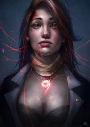Rule 34 | 1girl, ace attorney, badge, blood, blue background, breasts, brown eyes, brown hair, capcom, cleavage, corpse, earrings, eyelashes, formal, glowing, hair intakes, injury, jacket, jewelry, lili ibrahim, lips, long hair, looking at viewer, magatama, medium breasts, messy hair, mia fey, mole, mole under mouth, necklace, outline, parted lips, phoenix wright: ace attorney, realistic, scarf, solo, spoilers