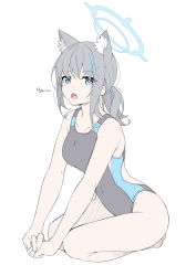 Rule 34 | 1girl, absurdres, animal ear fluff, animal ears, bare arms, bare legs, black one-piece swimsuit, blue archive, blue eyes, breasts, competition swimsuit, cross, cross hair ornament, extra ears, flat color, full body, grey hair, hair ornament, halo, highres, inverted cross, long hair, looking at viewer, masabodo, medium breasts, nyan, official alternate costume, one-piece swimsuit, open mouth, ponytail, shiroko (blue archive), shiroko (swimsuit) (blue archive), simple background, sitting, solo, swimsuit, thighs, v arms, white background