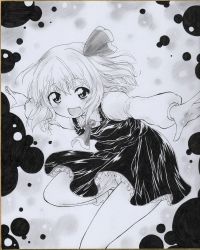 Rule 34 | 1girl, :d, absurdres, ascot, bare legs, blouse, darkness, fang, female focus, frilled skirt, frills, hair ribbon, highres, looking at viewer, monochrome, open mouth, outstretched arms, ribbon, rumia, shikishi, shirt, short hair, skirt, smile, solo, spread arms, touhou, vest, yuuki chima