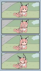 Rule 34 | 2girls, ;o, animal ears, bokoboko (pandagapanda1), bow, bowtie, caracal (kemono friends), caracal ears, cat ears, cat girl, cat tail, dual persona, closed eyes, flipped hair, half-closed eyes, high-waist skirt, highres, kemono friends, licking, multiple girls, one eye closed, open mouth, orange bow, orange bowtie, outdoors, skirt, tail, tongue, traditional bowtie, yawning, aged down