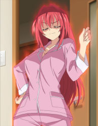 Rule 34 | 10s, 1girl, absurdres, aura, breasts, cleavage, demon girl, door, closed eyes, forced smile, glowing, highres, large breasts, long hair, naruse mio, pajamas, red hair, screencap, shinmai maou no testament, solo, standing