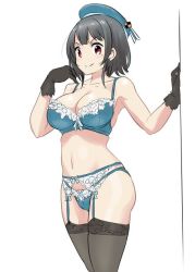 Rule 34 | 1girl, beret, black gloves, black hair, black thighhighs, blue bra, blue garter belt, blue hat, blue panties, bob cut, bow, bow bra, bow panties, bra, breasts, cleavage, closed mouth, cowboy shot, garter belt, gloves, hat, kantai collection, large breasts, lingerie, looking at viewer, navel, panties, purple eyes, short hair, skindentation, smile, solo, standing, takao (kancolle), tamu (mad works), thighhighs, underwear, underwear only, white background