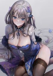 Rule 34 | 1girl, black thighhighs, blue dress, blue eyes, blush, breasts, butterfly hair ornament, cleavage, closed mouth, commentary, dress, floral print, garter straps, grey hair, hair ornament, highres, jewelry, large breasts, long hair, long sleeves, looking at viewer, myoushun, original, ring, solo, symbol-only commentary, thighhighs, thighs