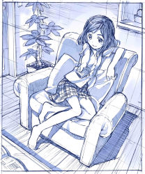 Rule 34 | 1girl, arm support, armchair, barefoot, blue theme, blush, cactus, chair, controller, highres, monochrome, original, plaid, plaid skirt, plant, pleated skirt, potted plant, remote control, sakino shingetsu, school uniform, short hair, sitting, skirt, smile, solo, traditional media