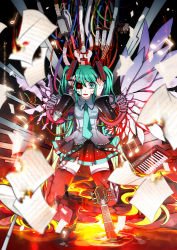 Rule 34 | 1girl, aqua eyes, aqua hair, blurry, cable, depth of field, fire, flying paper, foreshortening, guitar, hakoiri nekohime, hatsune miku, highres, instrument, keyboard (instrument), mechanical parts, lava, musical note, necktie, paper, skirt, solo, thighhighs, torn clothes, twintails, vocaloid, wings, zettai ryouiki