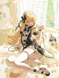 Rule 34 | 1girl, absurdres, alternate costume, araragi koyomi, arm garter, arm support, belt, black bow, black bowtie, black bra, black footwear, black skirt, blanket, blonde hair, blush stickers, bow, bowtie, bra, breasts, chain, character doll, chinese commentary, commentary request, crossed bangs, curtains, fang, floral print, frilled hairband, frilled skirt, frills, from above, full body, garter straps, hair bow, hairband, hand up, hat, highres, long hair, looking at viewer, maid headdress, monogatari (series), o-ring bra, open mouth, oshino shinobu, paw pose, shoes, single shoe, sitting, skirt, small breasts, solo, sun hat, thighhighs, underwear, unworn hat, unworn headwear, white hairband, white thighhighs, wrist cuffs, yangyang zai, yellow eyes, yokozuwari