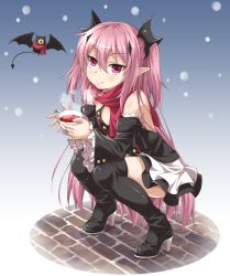 Rule 34 | 10s, 1girl, bat (animal), blood, boots, bowl, fang, fang out, full body, gothic lolita, hair between eyes, high heel boots, high heels, krul tepes, kyuutou (kyuutouryuu), lolita fashion, long hair, outdoors, owari no seraph, pointy ears, snow, solo, squatting, thigh boots, thighhighs, two side up, vampire, very long hair