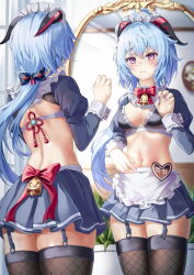Rule 34 | 1girl, absurdres, alternate costume, apron, ass, bell, blue garter straps, blue hair, bnari, bow, bowtie, breasts, chinese knot, closed mouth, crop top, enmaided, fishnet thighhighs, fishnets, frills, ganyu (genshin impact), garter straps, genshin impact, goat horns, hand up, highres, horns, long hair, looking at mirror, low ponytail, maid, maid apron, maid headdress, medium breasts, midriff, miniskirt, mirror, multiple views, navel, neck bell, puffy sleeves, purple eyes, red bow, red bowtie, reflection, revision, skirt, stomach, sweat, thighhighs, thighs, very long hair, vision (genshin impact), waist bow