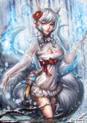 Rule 34 | 10s, 1girl, 2014, ahri (league of legends), animal ears, bare tree, bell, blue eyes, branch, breasts, cleavage, curly hair, detached sleeves, dress, eyelashes, facial mark, female focus, flower, forest, fox ears, fox tail, frilled dress, frills, grey eyes, hair flower, hair ornament, highres, jewelry, korean clothes, lace, large breasts, league of legends, lens flare, long hair, long sleeves, looking at viewer, magic, marble, motion blur, multiple tails, nature, necklace, outdoors, red ribbon, ribbon, sangrde, sash, see-through, snowflakes, snowing, solo, strapless, strapless dress, tail, tassel, text focus, tree, whisker markings, white dress, winter, yellow eyes