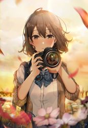 Rule 34 | 1girl, beige cardigan, blue bow, blue bowtie, blurry, blurry foreground, blush, bow, bowtie, brown eyes, brown hair, camera, cardigan, cloud, cloudy sky, collared shirt, dress shirt, evening, expressionless, flower, hands up, highres, hisao 0111, holding, holding camera, long sleeves, looking at viewer, original, outdoors, parted lips, petals, school uniform, shirt, short hair, single-lens reflex camera, sky, solo, standing, sunset, twilight, white shirt