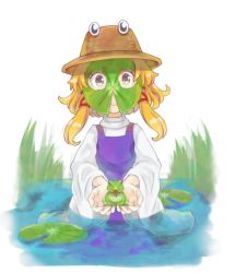 Rule 34 | 1girl, blonde hair, bogyaku no m, brown eyes, commentary request, day, dress, frog, hair ribbon, hands up, hat, holding, lily pad, long sleeves, looking at viewer, mask, moriya suwako, outdoors, partially submerged, purple dress, ribbon, smile, standing, tongue, tongue out, touhou, upper body, water, wide sleeves