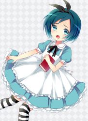 Rule 34 | 1girl, alice (alice in wonderland), alice (alice in wonderland) (cosplay), alice in wonderland, blue eyes, blue hair, book, cosplay, dress, hair ribbon, inazuma eleven, inazuma eleven (series), inazuma eleven go, matching hair/eyes, open mouth, ribbon, short hair, solo, sorano aoi, striped clothes, striped thighhighs, thighhighs, wryyyy