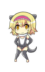Rule 34 | 10s, 1girl, alice margatroid, blonde hair, colonel aki, cosplay, hairband, hands on own hips, kemono friends, kemonomimi mode, one-piece swimsuit, short hair, small-clawed otter (kemono friends), small-clawed otter (kemono friends) (cosplay), smile, solo, swimsuit, tail, thighhighs, touhou, white background, yellow eyes