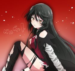 Rule 34 | 1girl, bandaged arm, bandages, black hair, black thighhighs, breasts, cleavage, cleavage cutout, clothing cutout, from side, gradient background, hair between eyes, highres, long hair, medium breasts, parted lips, red background, red shirt, shirt, sitting, solo, srssrm, tales of (series), tales of berseria, thighhighs, torn clothes, torn thighhighs, velvet crowe, very long hair, yellow eyes