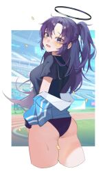 Rule 34 | 1girl, absurdres, ass, blue archive, blue sky, blush, buruma, grass, gym uniform, halo, highres, looking at viewer, may.l, ponytail, purple hair, sky, solo, standing, star (symbol), sticker, yuuka (blue archive), yuuka (track) (blue archive)