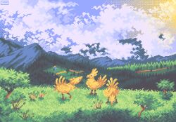 Rule 34 | animal focus, beak, bird, blue eyes, chocobo, cloud, commentary, english commentary, feathers, field, final fantasy, forest, grass, house, jrchair98, landscape, mountain, nature, pixel art, scenery, signature, trail, tree, yellow feathers