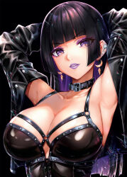 Rule 34 | 1girl, alto seneka, armpits, arms behind head, arms up, black collar, black hair, blunt bangs, breasts, collar, colored inner hair, earrings, eyeshadow, highres, jacket, jewelry, large breasts, lipstick, long hair, looking at viewer, makeup, multicolored hair, open clothes, open jacket, original, purple eyes, purple eyeshadow, purple hair, purple lips, solo, upper body