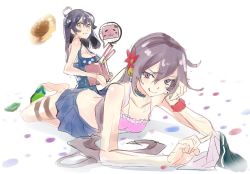 Rule 34 | &gt;:p, 10s, 2girls, :3, :p, ahoge, akebono (kancolle), bad id, bad twitter id, bare shoulders, bell, bikini, bikini top only, black hair, blue hair, blush, breasts, cleavage, collarbone, flower, hair bell, hair flower, hair ornament, hat, unworn hat, unworn headwear, jingle bell, kantai collection, licking lips, long hair, looking at viewer, lying, medium breasts, multiple girls, on stomach, pleated skirt, pokimari, polka dot, polka dot swimsuit, purple eyes, purple hair, sandals, side ponytail, sitting, skirt, small breasts, smile, swimsuit, thigh strap, tongue, tongue out, ushio (kancolle), v-shaped eyebrows, very long hair, white background