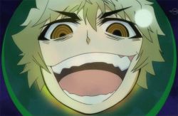 Rule 34 | 1boy, animated, animated gif, brown eyes, child, clenched teeth, face, fire, looking at viewer, lowres, male focus, medaka box, open mouth, resized, short hair, smile, solo, teeth, unzen myouri, white hair