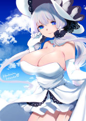 Rule 34 | 1girl, azur lane, bare shoulders, blue eyes, blue gemstone, blue sky, blush, breasts, cleavage, clothes lift, cloud, commentary request, cowboy shot, day, detached collar, dress, dress lift, elbow gloves, garter straps, gem, gloves, hachimitsu hinako, hair between eyes, hair ornament, hair ribbon, hand up, hat, illustrious (azur lane), lace-trimmed headwear, lace trim, large breasts, long hair, looking at viewer, mole, mole under eye, one-hour drawing challenge, ribbon, signature, sky, smile, solo, standing, strapless, strapless dress, sun hat, taut clothes, taut dress, tress ribbon, white dress, white gloves, white hair, white hat