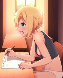 Rule 34 | 1girl, blonde hair, blue eyes, blush, breasts, breath, desk, erica hartmann, groin, gunshou, highres, holding, holding pencil, indoors, nipple slip, nipples, open mouth, panties, paper, pencil, profile, short hair, sideboob, sitting, small breasts, solo, strike witches, tears, tongue, underwear, white panties, world witches series