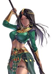 Rule 34 | 1girl, absurdres, areola slip, belt, black hair, bracer, breasts, circlet, commentary, crop top, dark-skinned female, dark skin, diablo, diablo (series), diablo 2, earrings, english commentary, feet out of frame, gem, green shirt, highres, holding, holding scepter, hoop earrings, jewelry, long hair, long sleeves, looking at viewer, medium breasts, navel, open mouth, orange eyes, parted lips, scepter, shirt, solo, sorceress (diablo 2), standing, stomach, suprii, thigh strap, weapon, weapon on back, white background