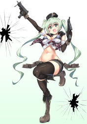 Rule 34 | bikini, bikini top only, black bikini, blush, boots, breasts, crack, crop top, cropped jacket, detached sleeves, dual wielding, finger on trigger, full body, girls&#039; frontline, gloves, gradient background, green eyes, green hair, gun, highres, holding, large breasts, looking at viewer, machine pistol, micro uzi (girls&#039; frontline), midriff, navel, open mouth, short shorts, shorts, smile, standing, standing on one leg, submachine gun, swimsuit, thighhighs, twin (tt lsh), twintails, uzi, weapon