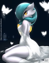 Rule 34 | 1girl, alternate color, artist name, back, backless dress, backless outfit, bare shoulders, between legs, blue background, blue hair, blush, breasts, bright pupils, colored skin, covered erect nipples, creatures (company), dress, female focus, from side, game freak, gardevoir, gen 3 pokemon, gen 7 pokemon, hand between legs, highres, lamppost, light blush, long sleeves, looking at viewer, medium breasts, medium hair, nintendo, no bra, off-shoulder dress, off shoulder, orange eyes, partially submerged, patreon logo, patreon username, pokemon, pokemon (creature), ribombee, rilex lenov, ripples, see-through silhouette, shiny pokemon, sidelocks, silhouette, sitting, solo focus, thighs, wariza, water, watermark, web address, white dress, white pupils, white skin