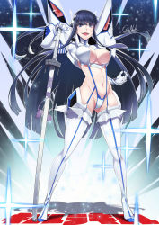 Rule 34 | 1girl, :d, black hair, blue eyes, boots, breasts, cleavage, cleavage cutout, clothing cutout, full body, gainoob, gloves, gluteal fold, highres, kill la kill, kiryuuin satsuki, large breasts, light particles, long hair, looking at viewer, navel, open mouth, revealing clothes, revision, sheath, sheathed, smile, solo, sparkle, standing, stomach, straight hair, sword, tassel, thick eyebrows, thigh boots, thighhighs, very long hair, weapon, white footwear, white gloves