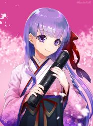 Rule 34 | 1girl, bb (fate), bb (fate/extra), black hakama, blurry, blurry background, bow, closed mouth, commentary request, depth of field, fake nails, fate/grand order, fate (series), floral print, graduated cylinder, hair bow, hakama, hakama skirt, highres, japanese clothes, kachin, kimono, long hair, long sleeves, multicolored nails, nail polish, petals, pink background, pink kimono, print kimono, purple eyes, purple hair, red bow, red ribbon, ribbon, skirt, smile, solo, twitter username, wide sleeves