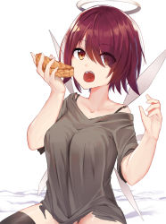 Rule 34 | 1girl, :o, apple pie, arknights, bare shoulders, black gloves, black thighhighs, bra strap, breasts, brown eyes, commentary, exusiai (arknights), fingerless gloves, food, gloves, grey shirt, hair over one eye, halo, hands up, highres, holding, holding food, looking at viewer, medium breasts, off-shoulder shirt, off shoulder, open mouth, pie, red hair, shirt, short hair, short sleeves, simple background, solo, thighhighs, upper body, white background, yatsucchie